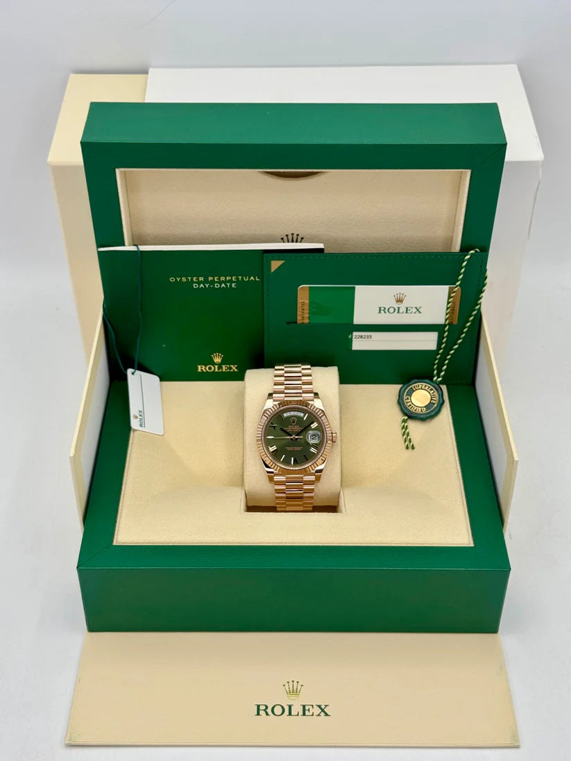 Rolex  Day-Date "President" 40mm Everose Gold Olive Green Roman Dial - 228235