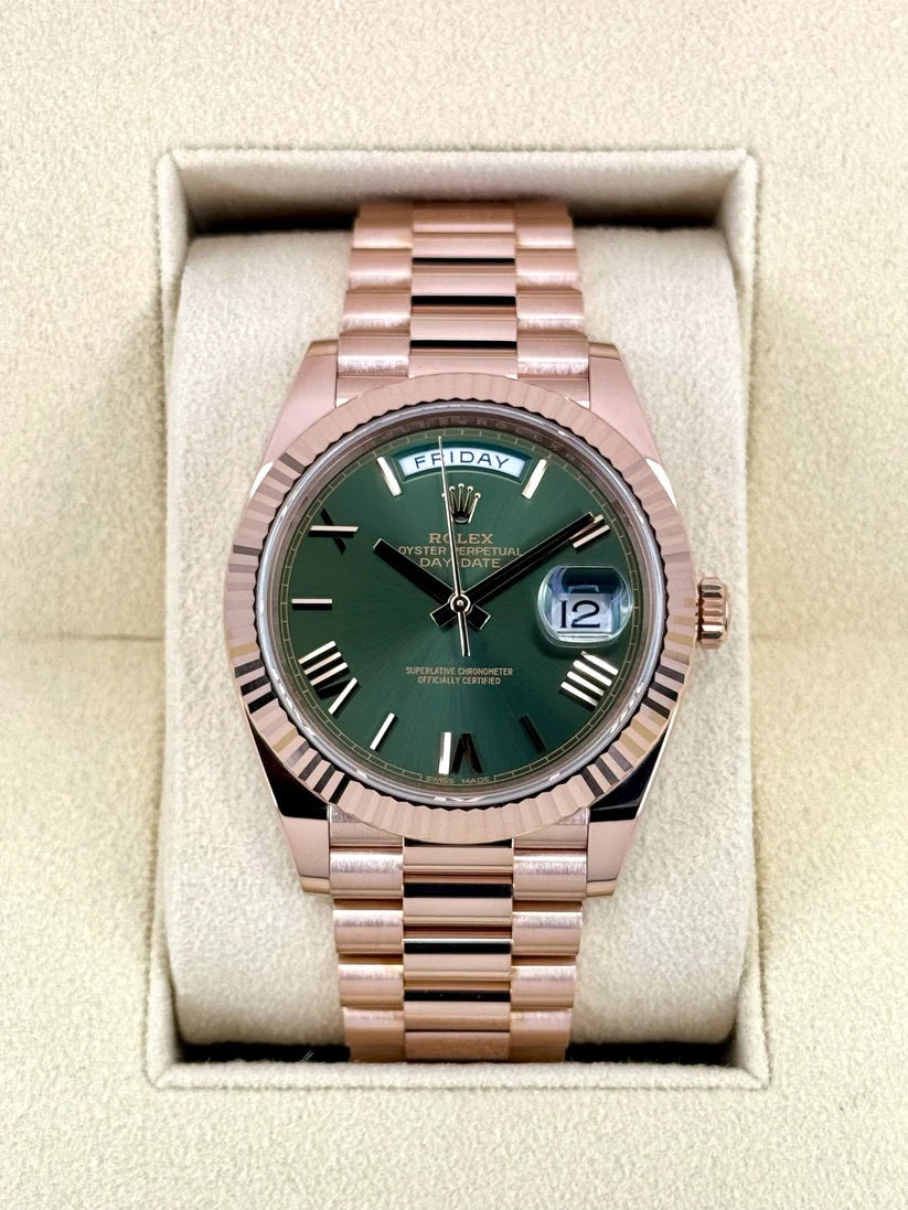 Rolex  Day-Date "President" 40mm Everose Gold Olive Green Roman Dial - 228235