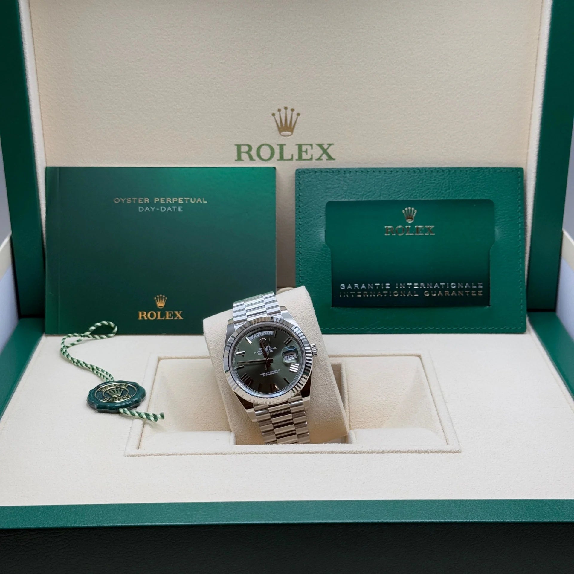 Rolex  Day-Date "President" 40mm Platinum Green Olive Roman Dial - 228236