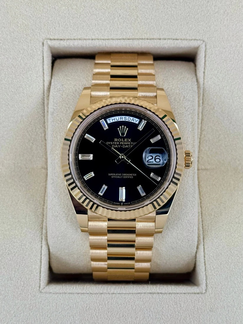Rolex  Yellow Gold President Day Date 40mm Black Diamond Baguette Dial - 228238