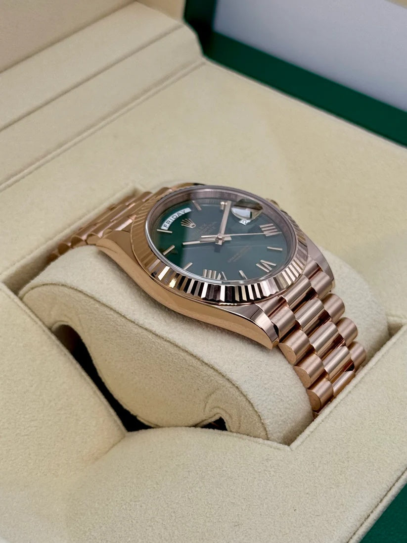 Rolex  Day-Date "President" 40mm Everose Gold Olive Green Roman Dial - 228235