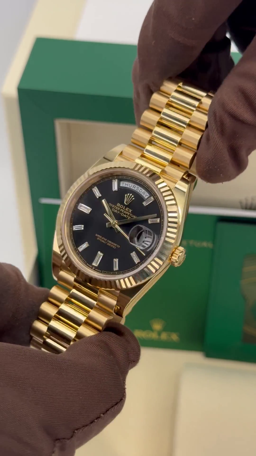 Rolex  Yellow Gold President Day Date 40mm Black Diamond Baguette Dial - 228238