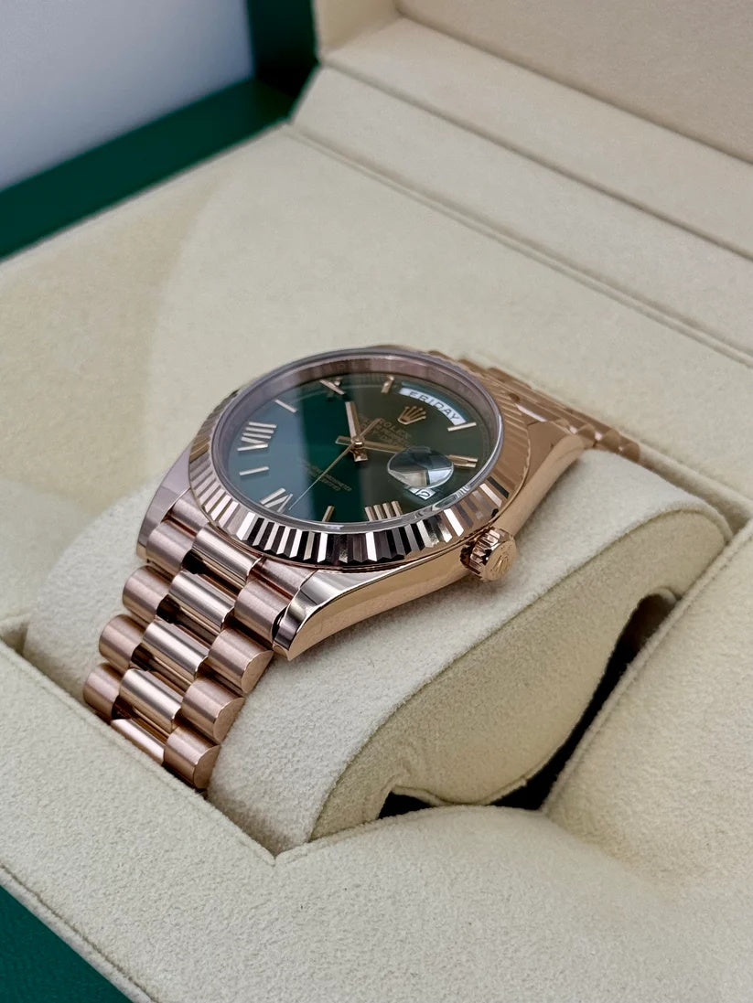 Rolex  Day-Date "President" 40mm Everose Gold Olive Green Roman Dial - 228235