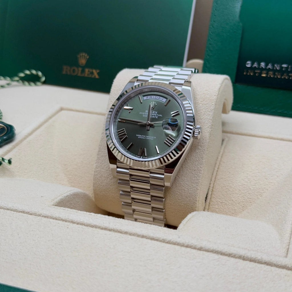 Rolex  Day-Date "President" 40mm Platinum Green Olive Roman Dial - 228236