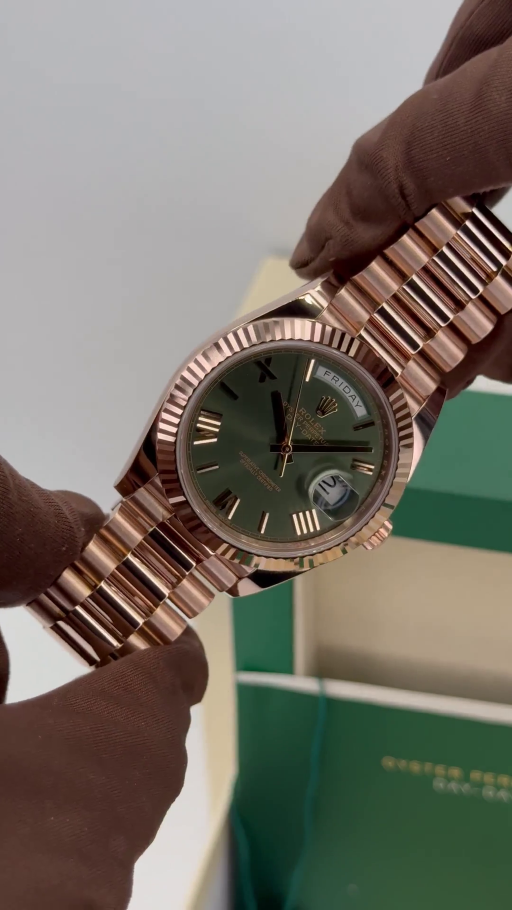 Rolex  Day-Date "President" 40mm Everose Gold Olive Green Roman Dial - 228235